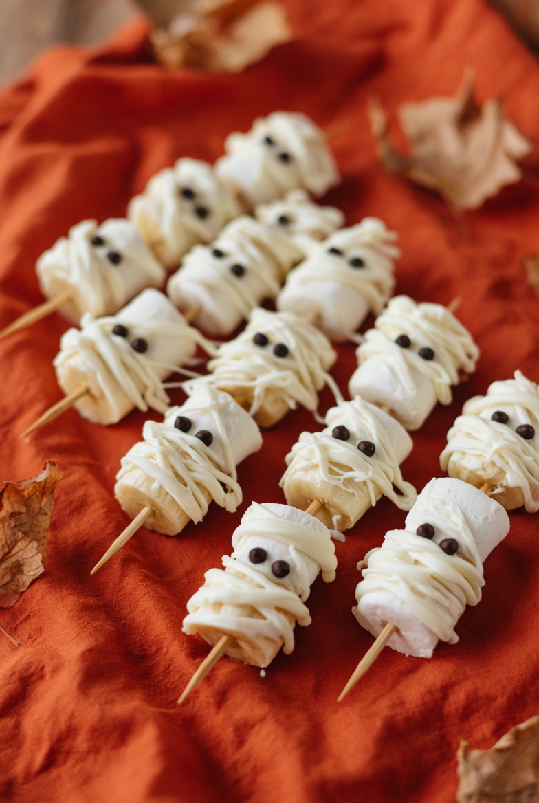 Brochettes momie banane-guimauve d'Halloween