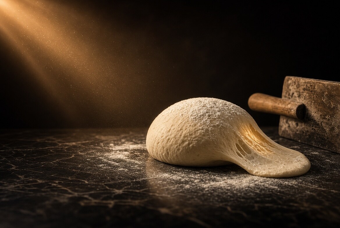 Une boule de pâte sur du marbre, dans la farine