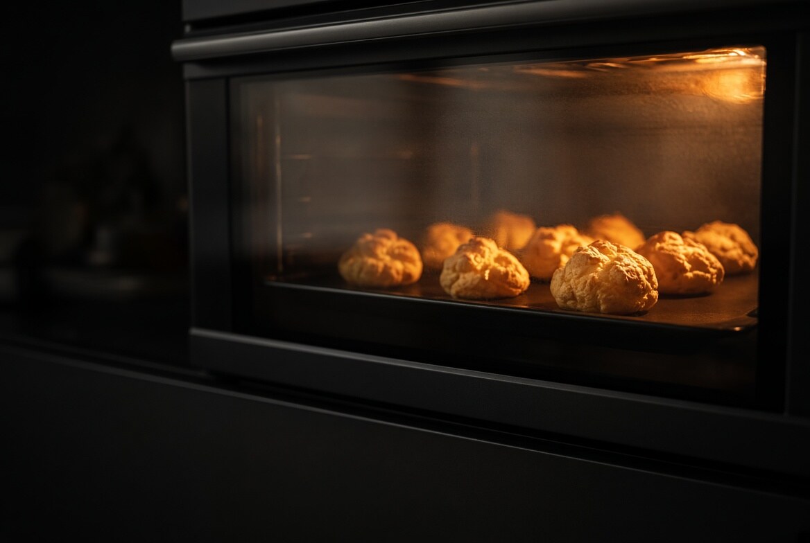 Des choux qui montent, vus à travers la vitre du four
