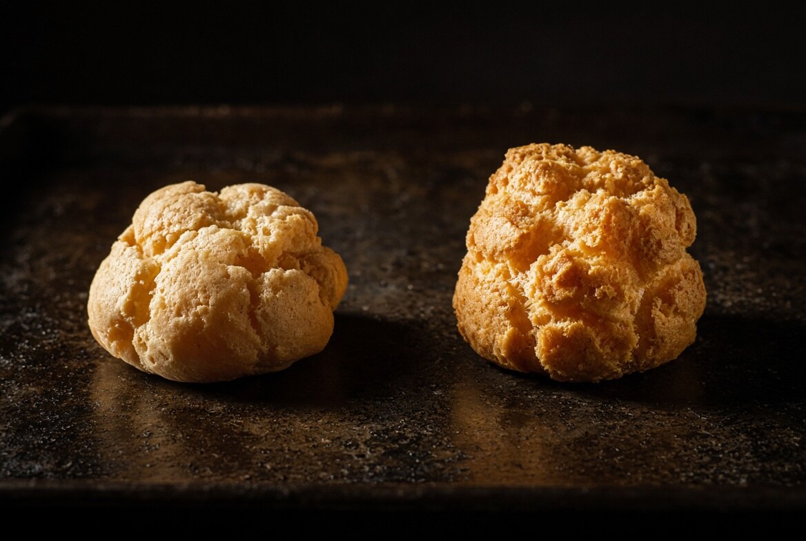Deux choux côte à côte, l'un pâle et plat, l'autre doré et haut