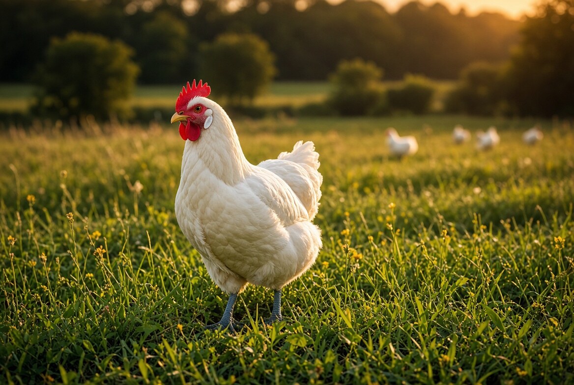 Une poule de Bresse blanche aux pattes bleues dans un pré
