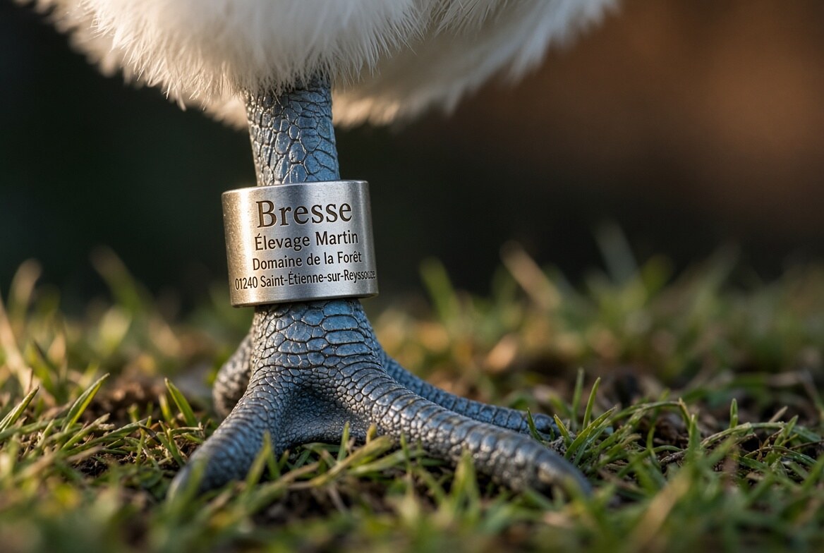 La bague d'aluminium à la patte d'une volaille de Bresse