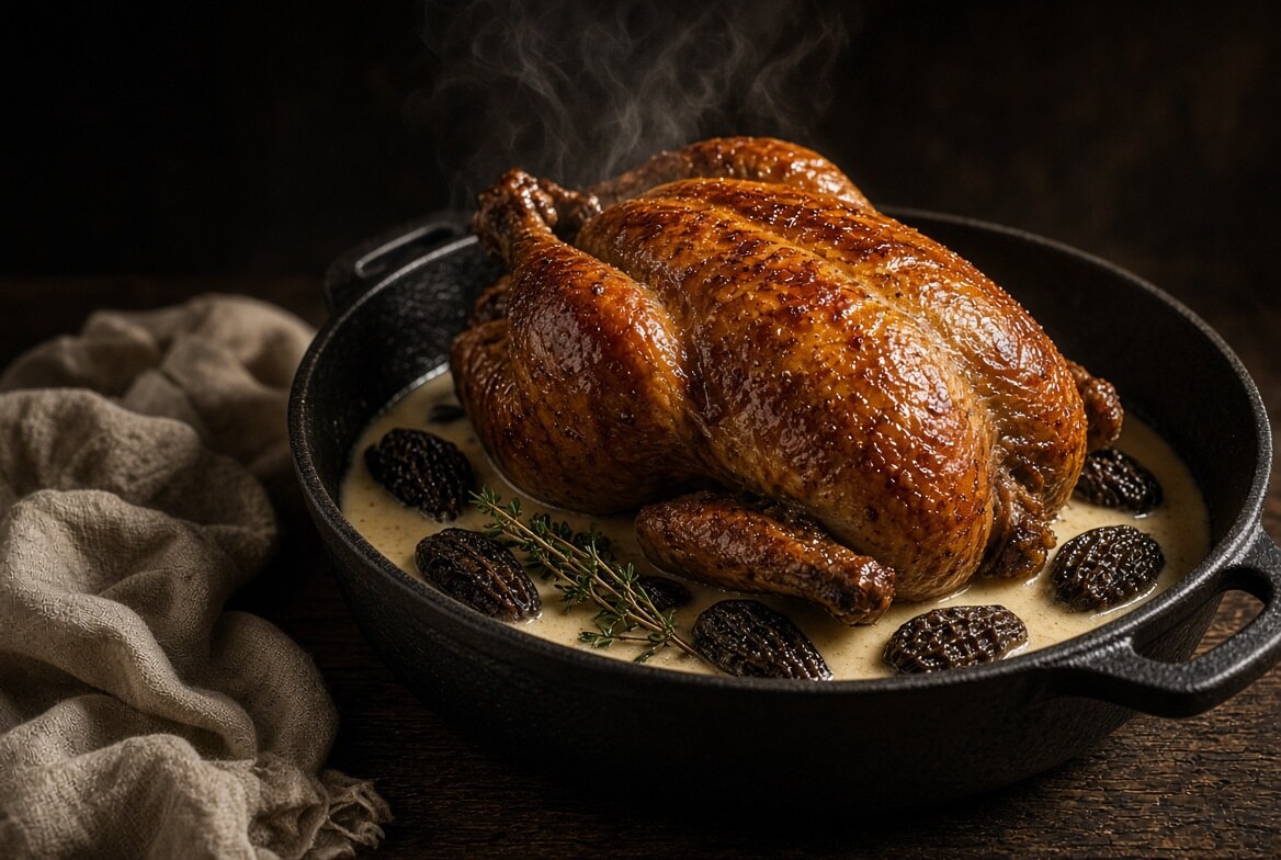 Une poularde rôtie dans une cocotte en fonte, sauce à la crème et morilles